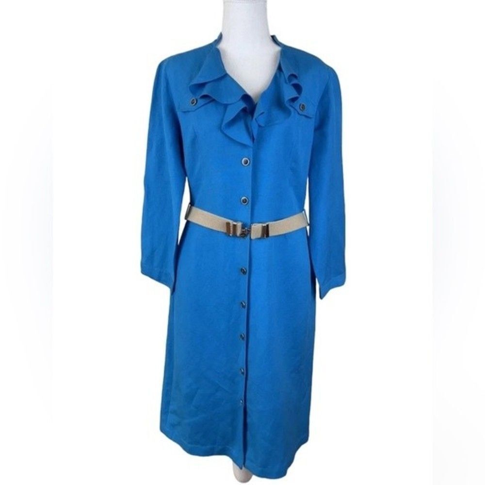 Tahari Arthur S Levine Blue Linen Blend Ruffle Neck Dress Size 12
